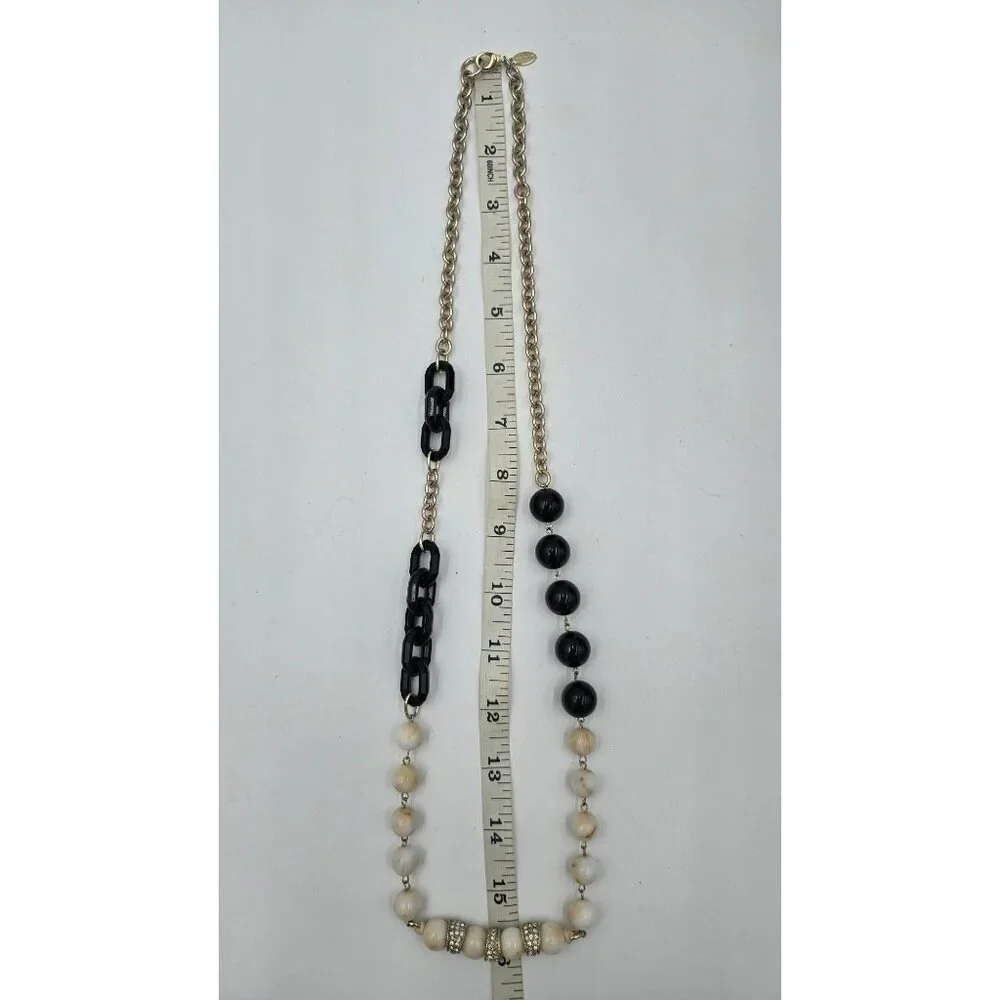 Ann Taylor Gold Tone Chain Necklace w/ Black White Beads & Rhinestone Accents